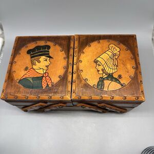 VINTAGE Wood Tiered Hand Painted Accordion Fold Out Sewing Box  9 X 5 X 4